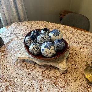 Decorative Blue and White Porcelain Balls with teakwood bowl